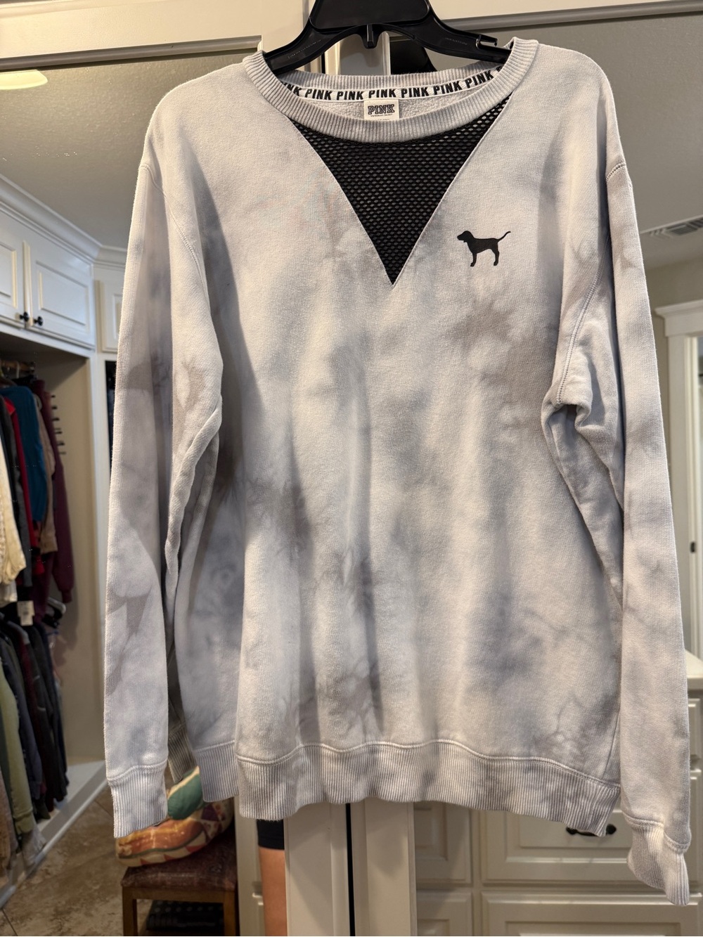Victoria's Secret PINK Light Gray Tie-Dye Crewneck with Black Mesh V-Inset
